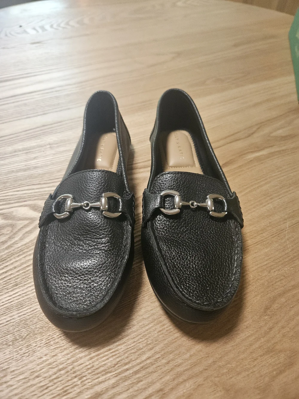 Kelly & Katie Black Women's Leather Loafers with Silver Horsebit Detail